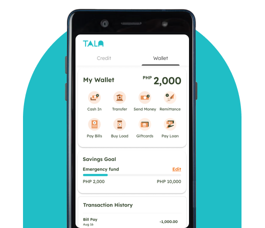 Application screen showing Tala credit and wallet features