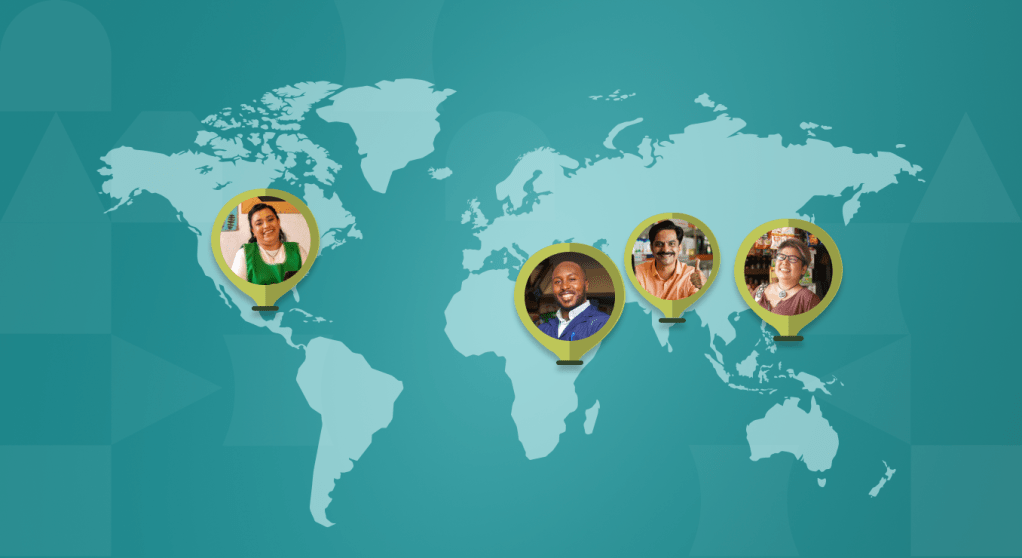 The image is a map of the world. There are four photos of Tala customers, each corresponding to one of our markets: Mexico, Kenya, the Philippines, and India.